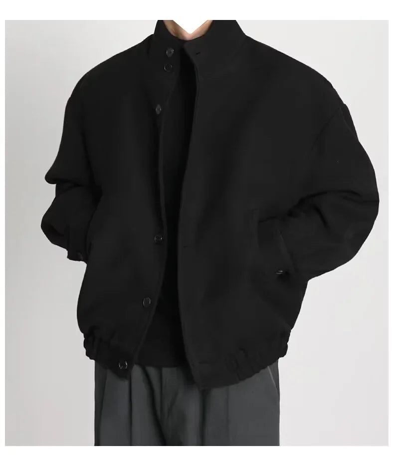 Autumn Winter Men's Fashion Stand Collar Jacket Woolen Coat British Style Baseball Design Workwear Thin Model Summer Suitable