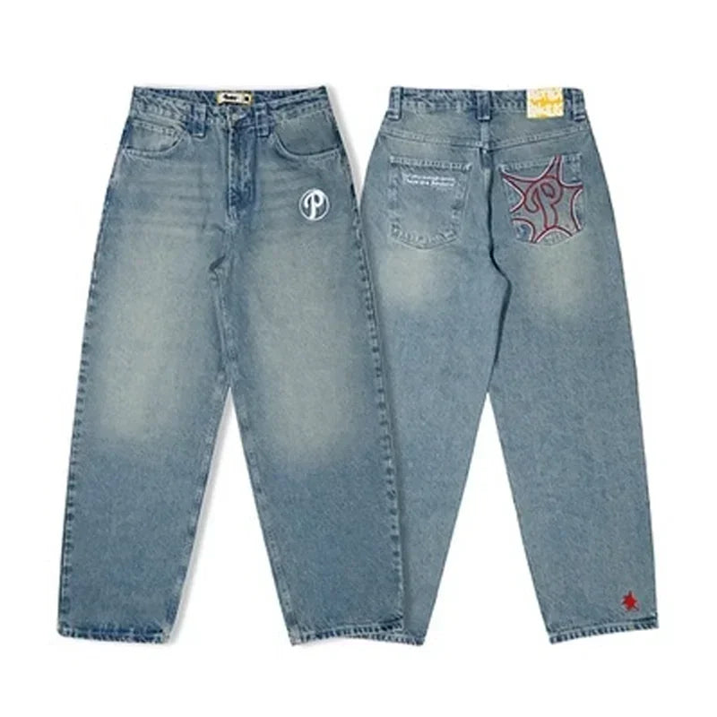 Y2K New American Retro Hip-Hop Cherry Blossom Dragon Print Loose Jeans For Men and Women Gothic Hip-Hop Casual Joker Street Wear
