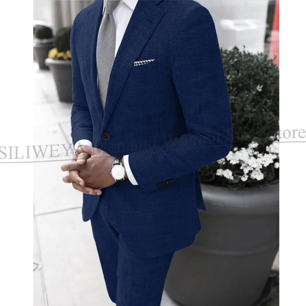 2025 Dark Gray Linen Men's Suit Bridegroom Tuxedo Tailor-Made Wedding Custom Single Breasted Male Blazer 2 pcs(Jacket+pants)