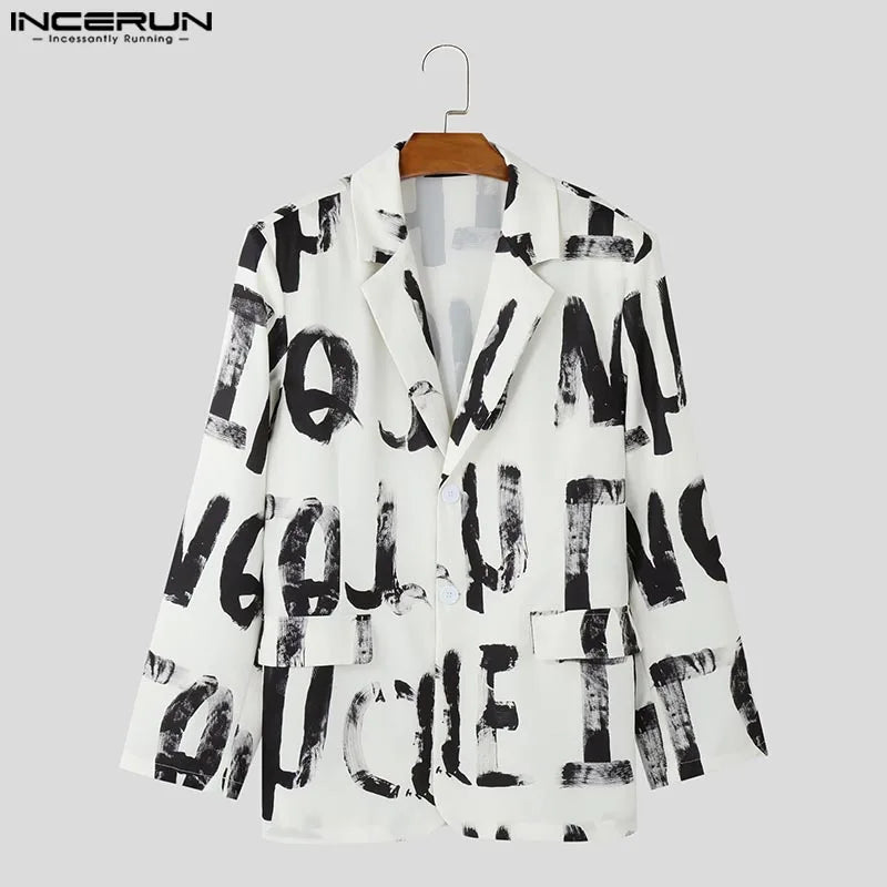 Fashion Casual Style Tops INCERUN Handsome Men's Art Hand-painted Letter Suit Coat Streetwear Male All-match Long Sleeved Blazer