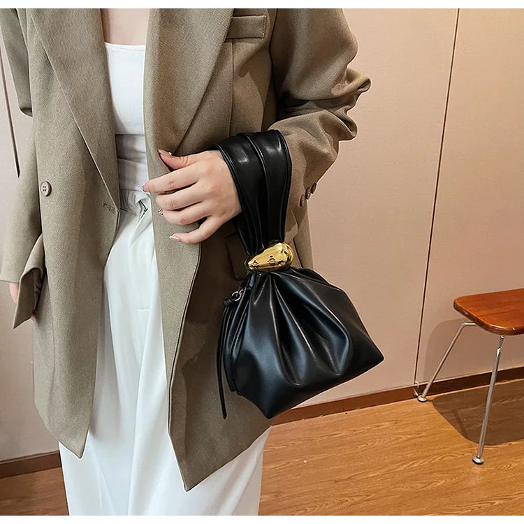 Solid Color PU Leather Handbag Pleated Cloud Shaped Women Bucket Bag, Fashionable Burgundy Women's Luxury Bag