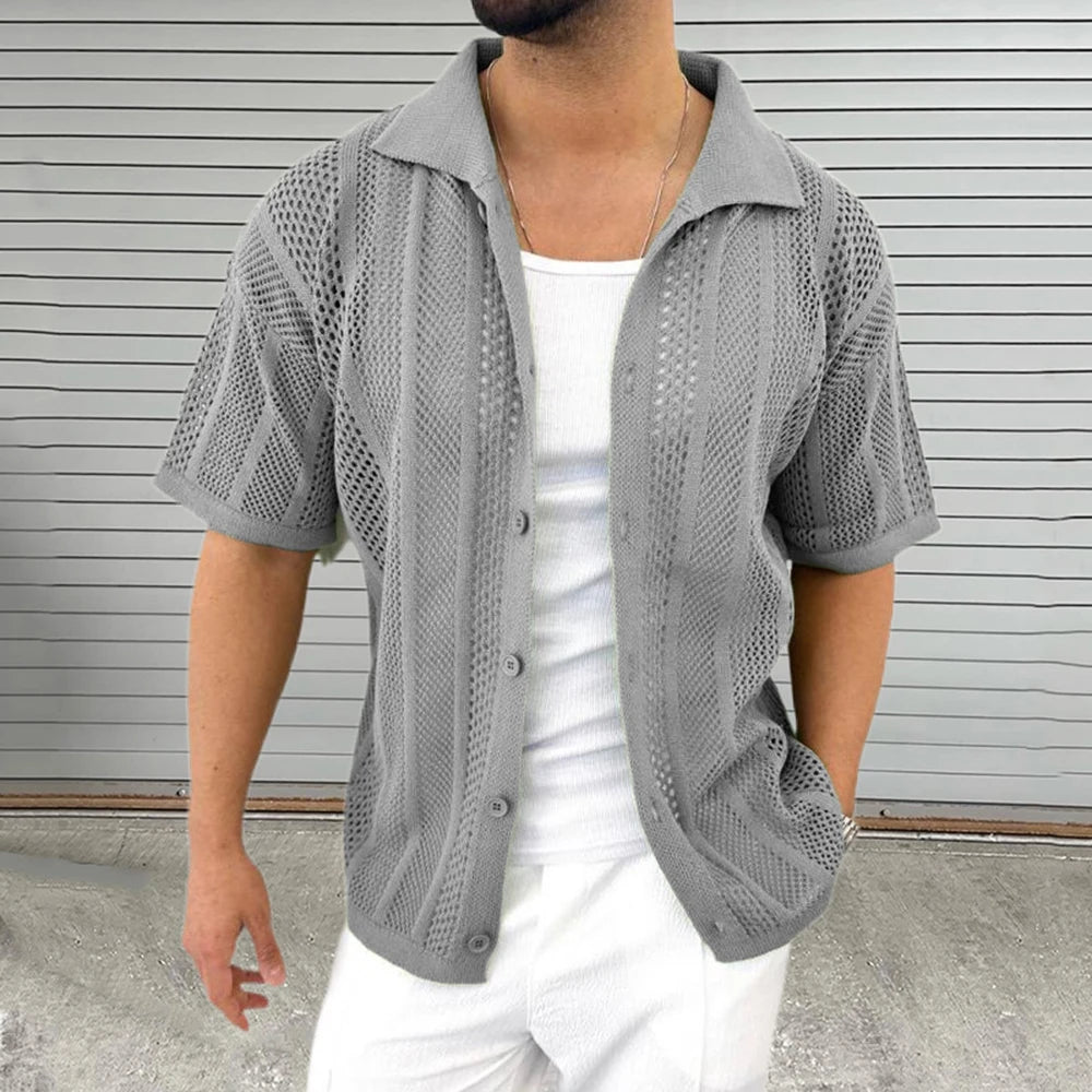Summer Thin Men's Knitted Hollow Cardigan Short-Sleeved Shirt Retro Fashion Trend Casual Simple Loose Breathable Men's Tops