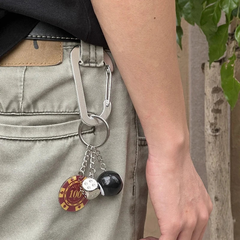 Fashionable Multi functional Keychain Casino Style Lucky Dice Black 8 Lucky Chip Pendant Mountaineering Buckle Bottle Opener