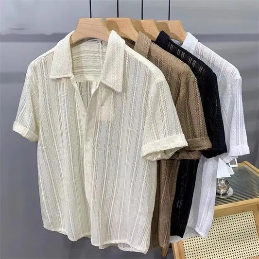 New High-End Hollow Design Men's Summer Thin Short-Sleeve Shirt - Lapel Casual Top