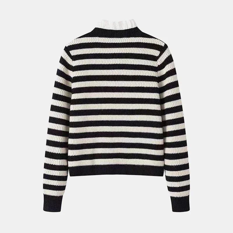 2024 Spring Classic S Letter Knit Cardigan Coat Women Stripe Sweater Ruffles Collar Tops Luxury Designer Brand Chic Y2K Clothing