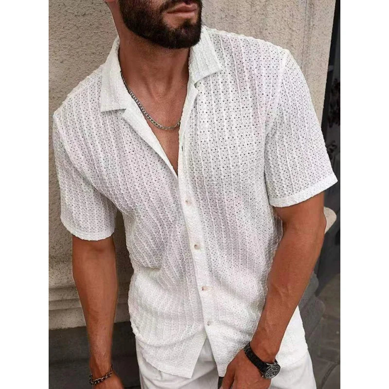 Men's Casual Knit Shirt Summer New Solid Color Turn-down Collar Hollow Breathable Short Sleeve Top