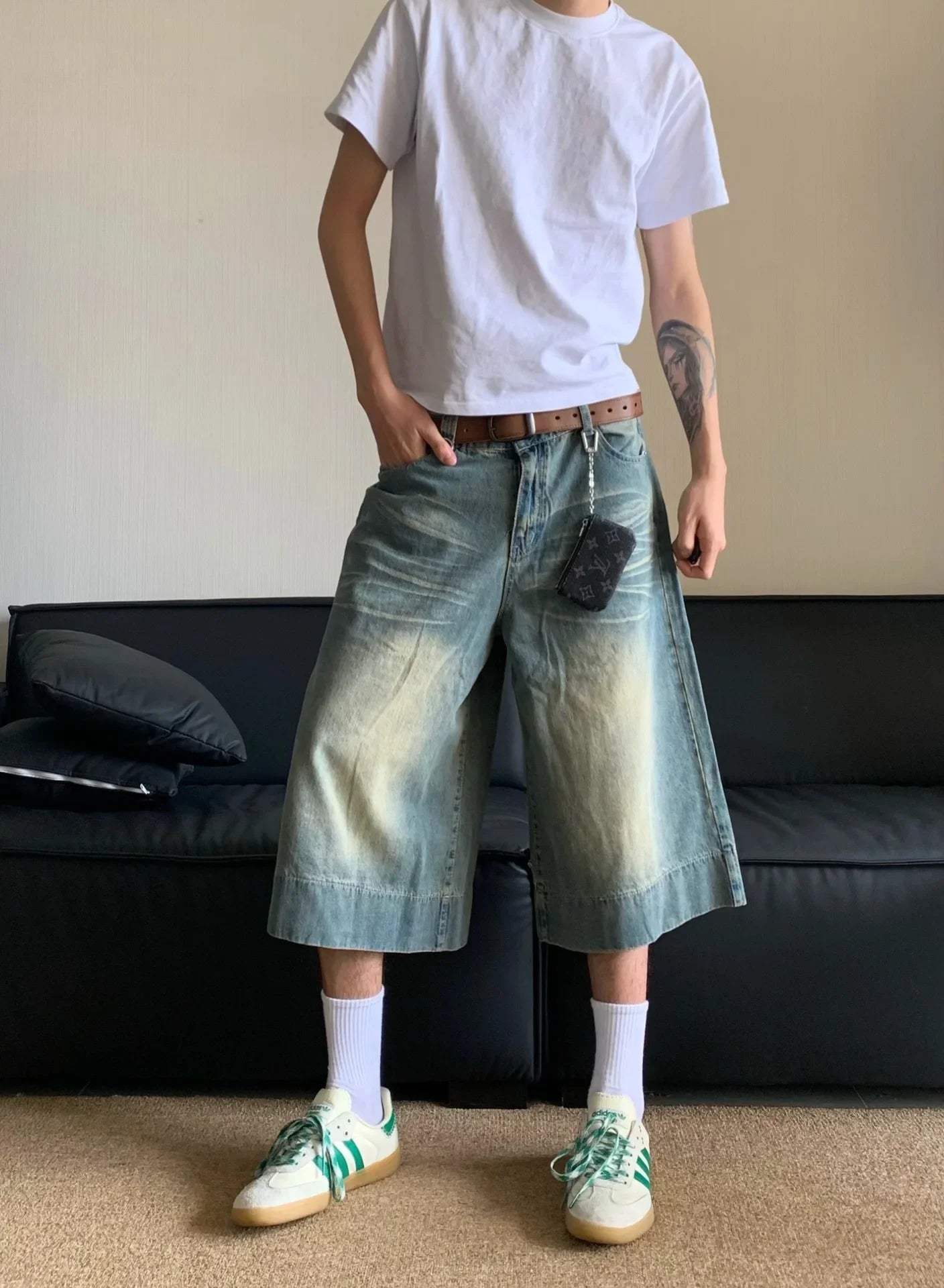 2024 Summer New Style Vintage Wide-leg Jeans 7-point Straight Leg Denim Mid-length Shorts For Men American Retro Loose Fit