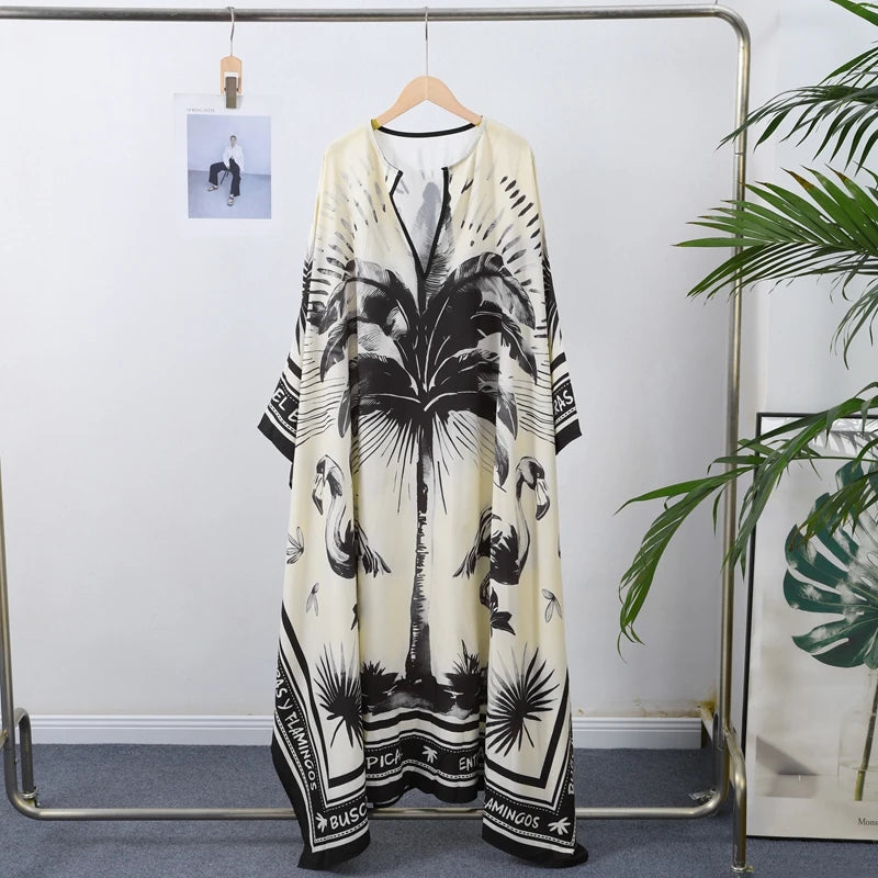 Fashion Print Pleated Long Dresses Women Party O-neck Full Sleeve Female Holiday Dresses 2025 Summer Lady Elegant  Robes