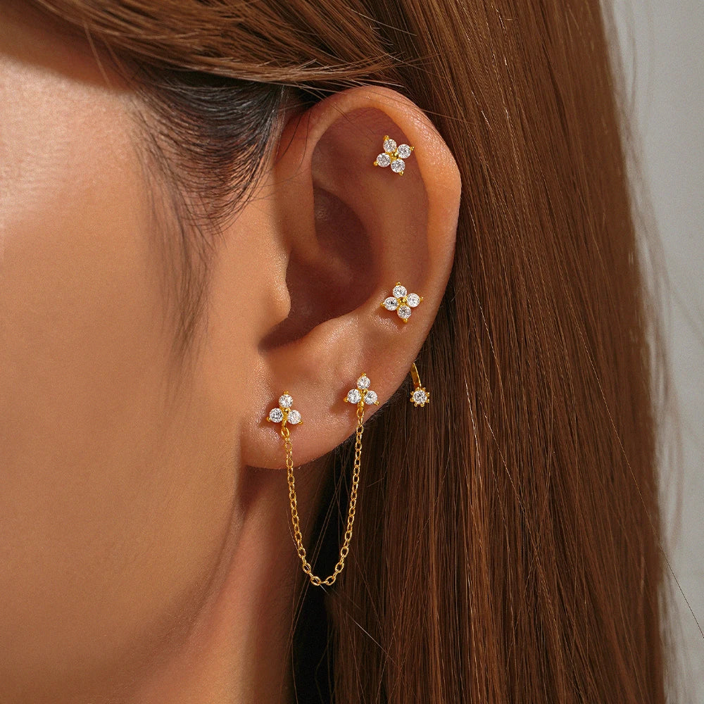 Aide 925 Sterling Silver 3pcs Set Two Stud Tassel K Gold Chain Flower Zircon Earrings For Women Fine Jewelry Valentine Day Gift