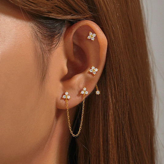 Aide 925 Sterling Silver 3pcs Set Two Stud Tassel K Gold Chain Flower Zircon Earrings For Women Fine Jewelry Valentine Day Gift