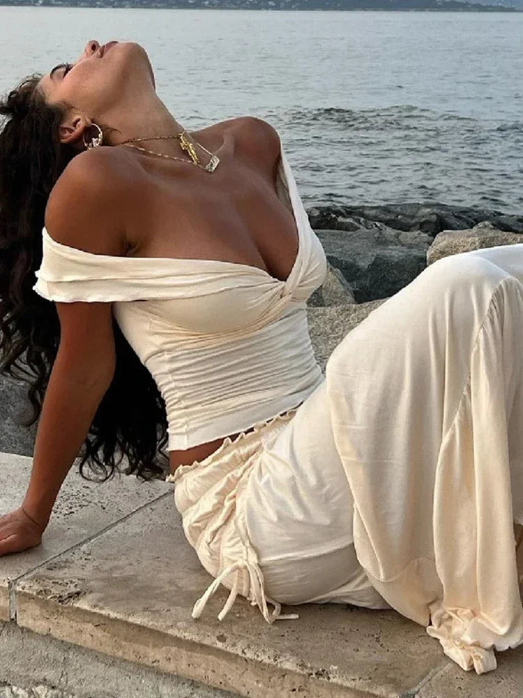 Fashion Solid Folds Long Skirt Sets For Women Summer Sexy Off Shoulder V-neck Cropped Tops High Waist Long Skirts 2 Pieces Sets