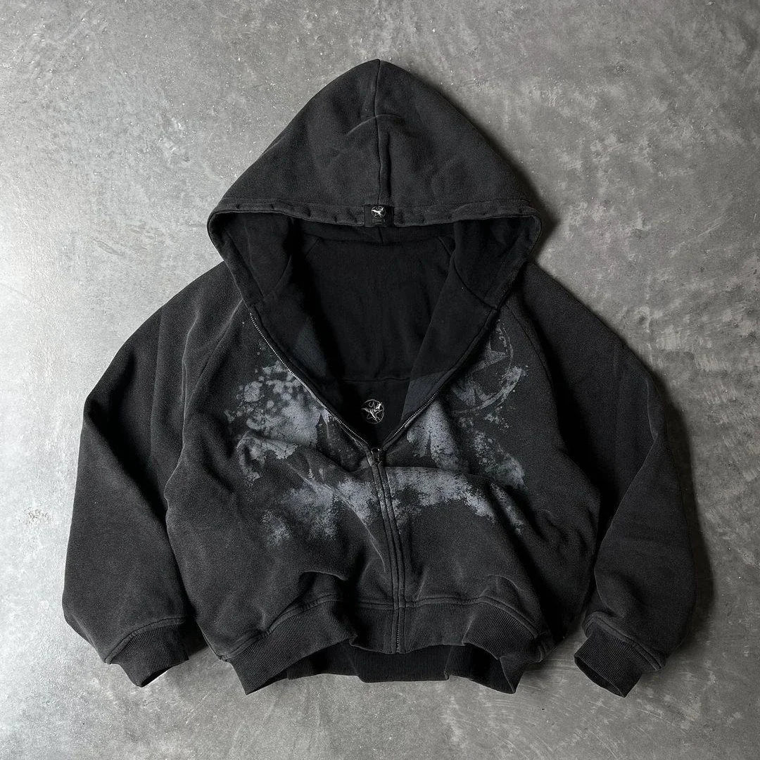 British Gothic Punk Style Printed Star Patch Embroidery Mens and Womens Hooded Cardigan Harajuku Retro Oversized Bat Sleeve Top