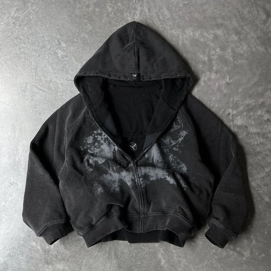 British Gothic Punk Style Printed Star Patch Embroidery Mens and Womens Hooded Cardigan Harajuku Retro Oversized Bat Sleeve Top