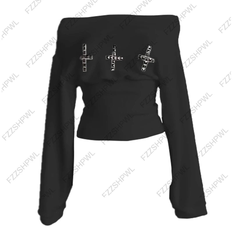 Chic Streetwear Punk Y2k Crop top Harajuku Graphic Print Cool Long sleeve Top Hip Hop Fashion Baby Tee Rock Goth Unique Top