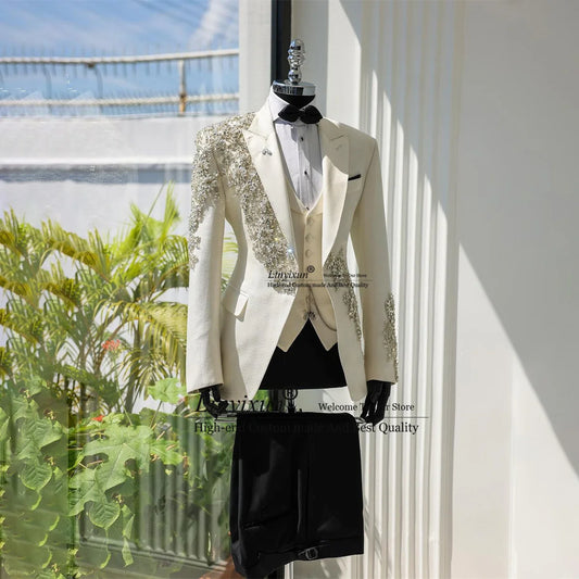 Fashion Shiny Men Suits For Wedding Luxury Beaded Crystals Groom Tuxedos Customized Male Party Blazer Slim Fit ropa hombre