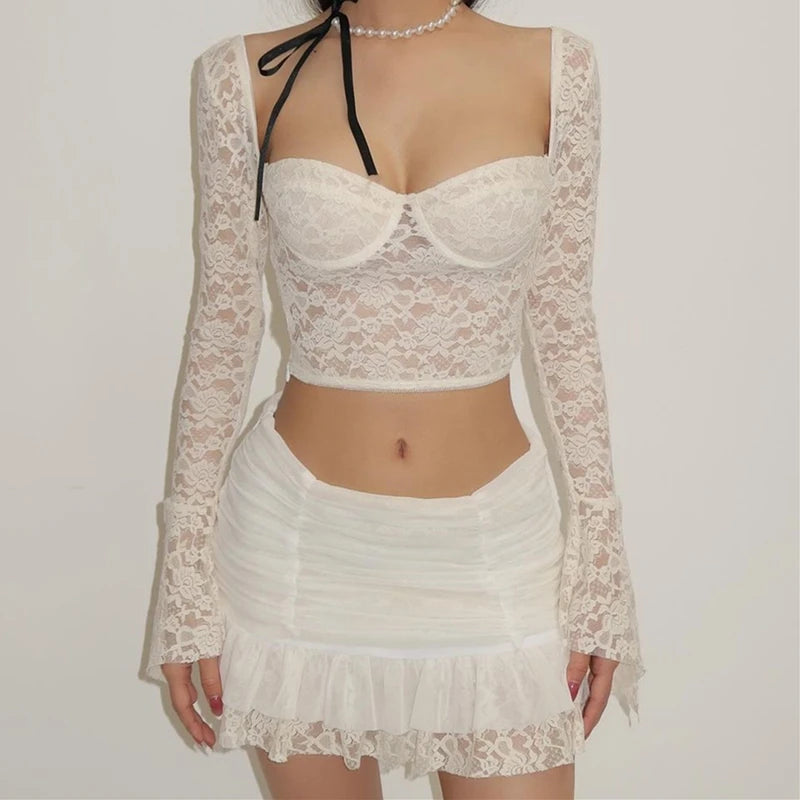 WhereMery French Elegant Y2K Lace See-through Long Sleeve Crop Top and Ruched Slim Skinny Mini Skirt Fashion Women's 2 Piece Set