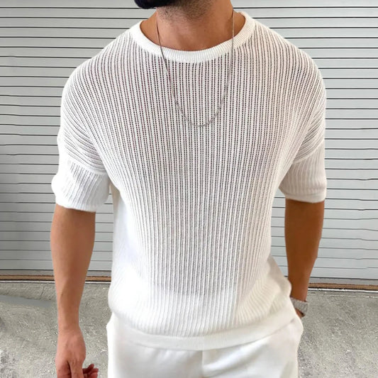 Summer New Men's Solid Color Knitted Hollow Short-Sleeved T-Shirt Retro Fashion Trend Casual Simple Daily Breathable Men's Tops