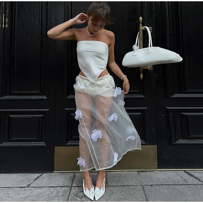 Y2K 3D Floral Gauze Long Skirts For Women 2025 Summer Spring Street See Through High Waist Maxi Skirt Lady Vacation Beach Skirt