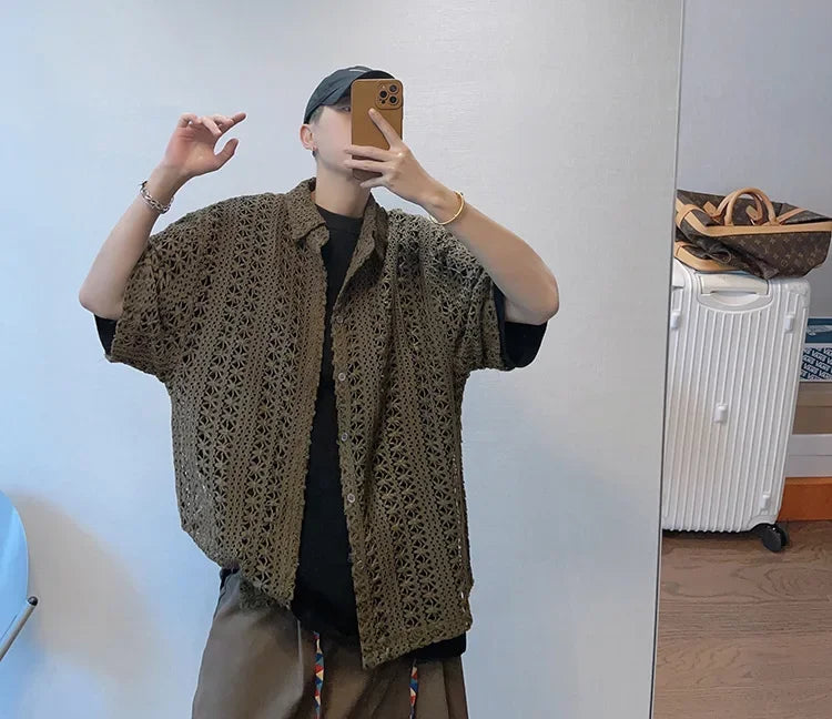 Summer American Style Vintage Distressed Versatile Military Green Knit Hollow Breathable Loose-fit Casual Short Sleeve Shirt Men