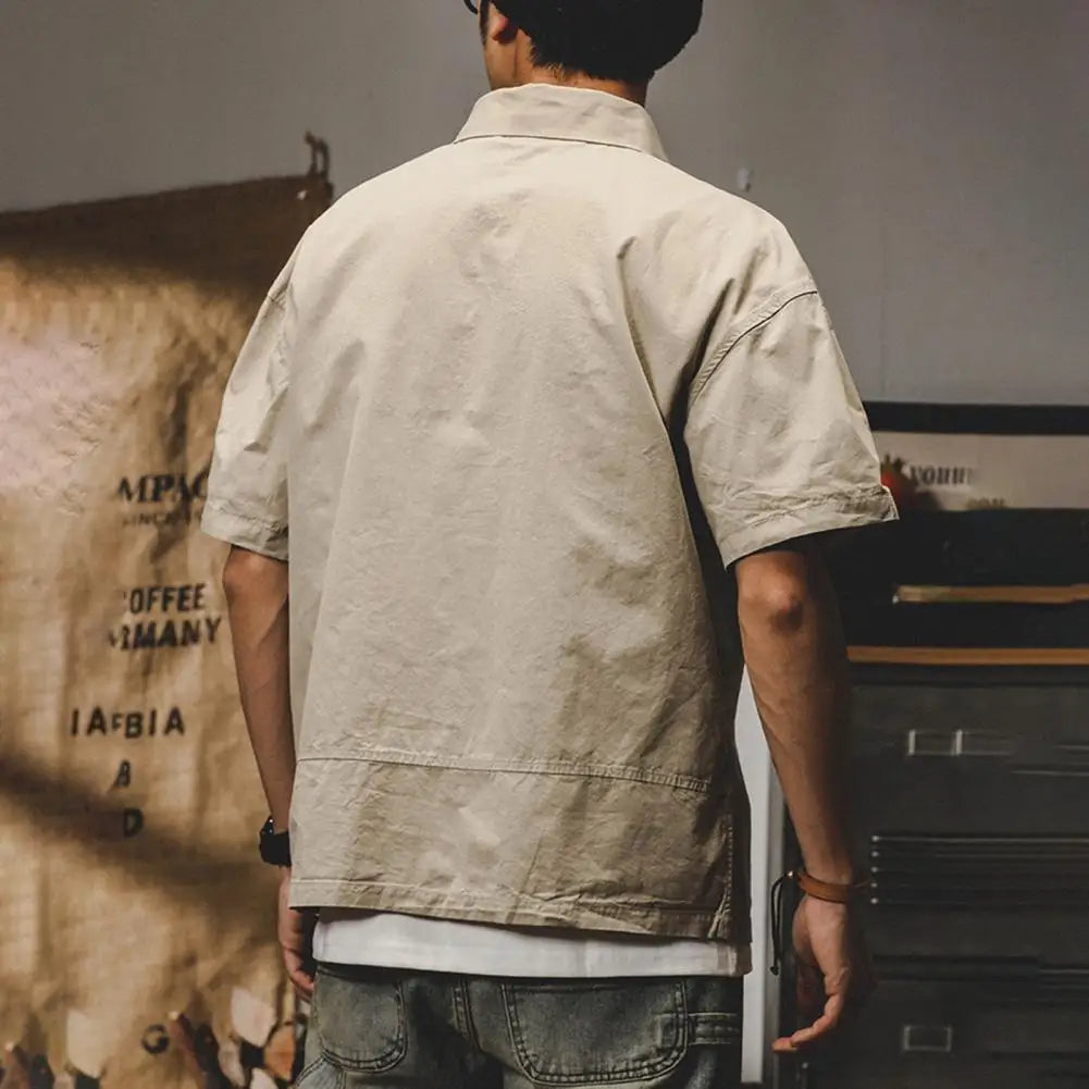 Man Shirts Summer Cargo Shirt American Retro Loose Short Sleeves Lapel Men Tops Work Shirt Multi Pockets Half Sleeve Casual Tops