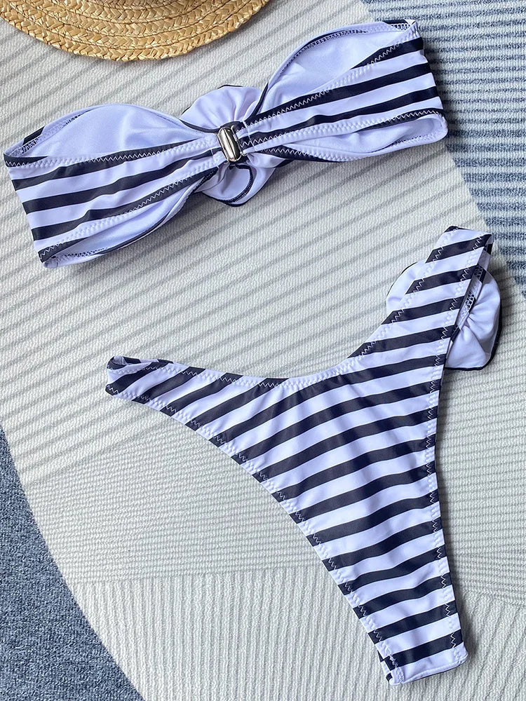 3D Flowers Brazilian Strapless Bandeau Bikini Female Swimsuit Women Swimwear Two-pieces Bikini Set High Cut Bathing Suit Swim