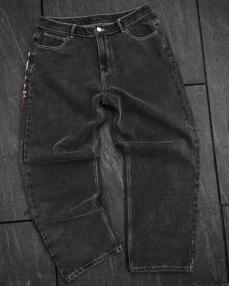 Y2K New American Retro Hip-Hop Cherry Blossom Dragon Print Loose Jeans For Men and Women Gothic Hip-Hop Casual Joker Street Wear