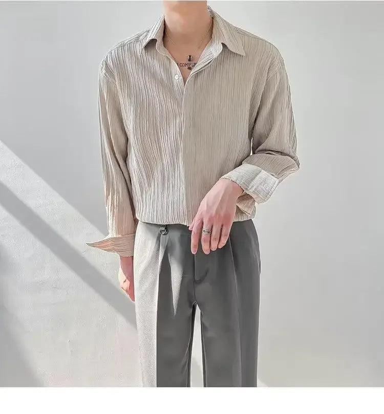 Trendy Stylish Striped No-iron Shirt Autumn Texture Top Korean Version Loose-fit Casual Long Sleeves Shirt For Men