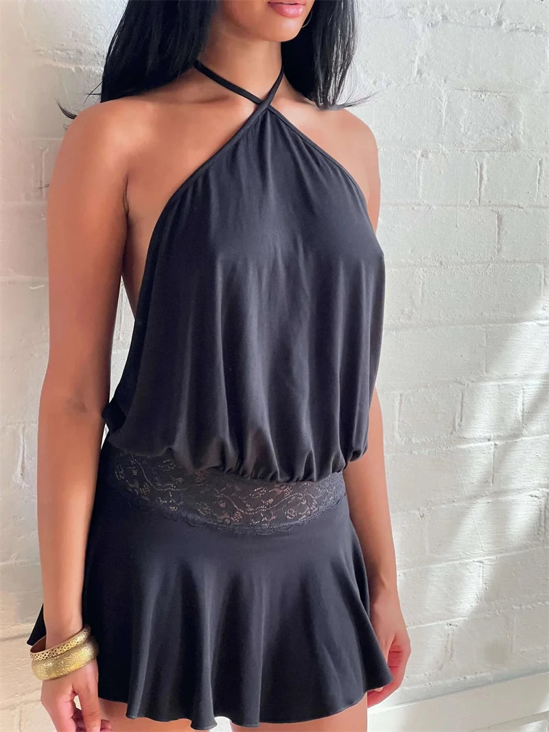 Absobe Halter Sleeveless Patchwork Lace Mini Dress For Women Backless Slim A-Line Short Dress Y2K Sexy Vacation Beach Streetwear