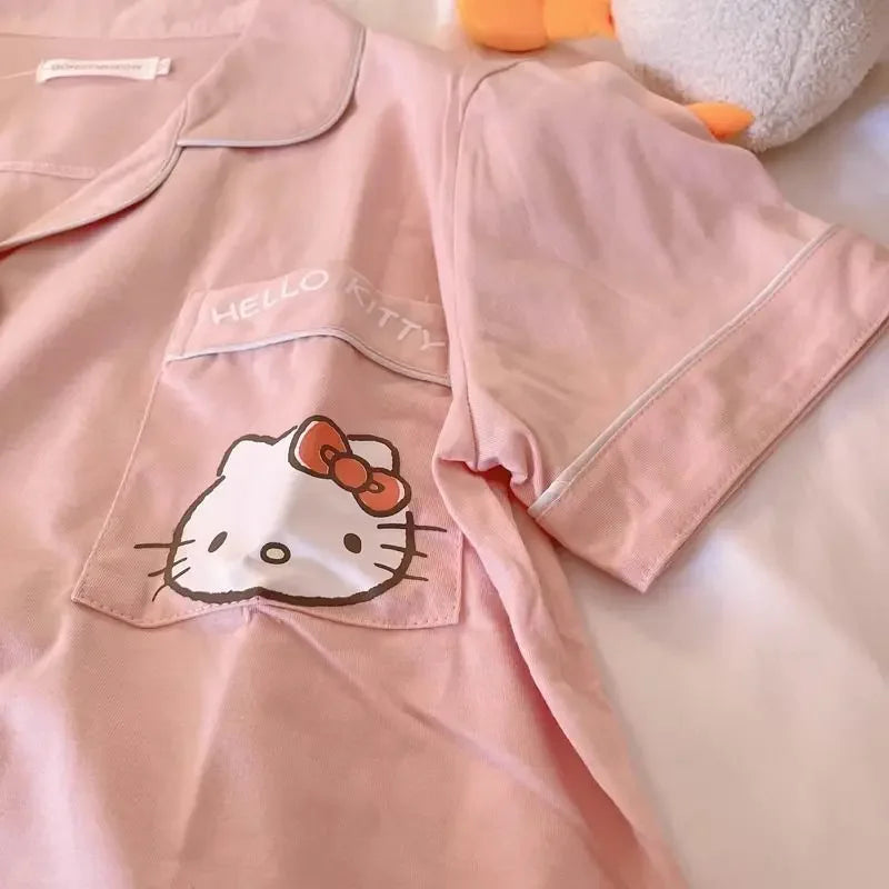 Hello Kitty girl cartoon cute kawaii summer new Sanrio anime short-sleeved pajamas set creative cardigan home clothes gift