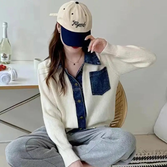 Women's Trendy Vintage Denim Patchwork Single Breasted Knitted Cardigan Autumn Casual Long Sleeve Loose Chic Pocket Sweater Coat