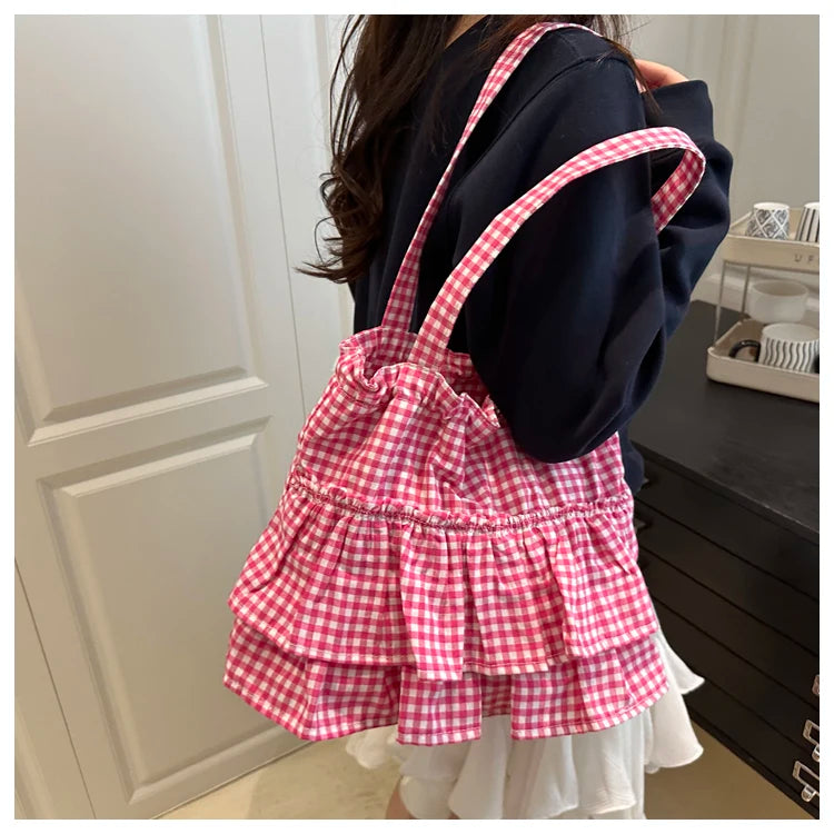 Korean Sle Large Capaci Canvas Tote Bag Blue Plaid Single oulder Skirt Pleated Gown Bag Faionable Casual Handbag