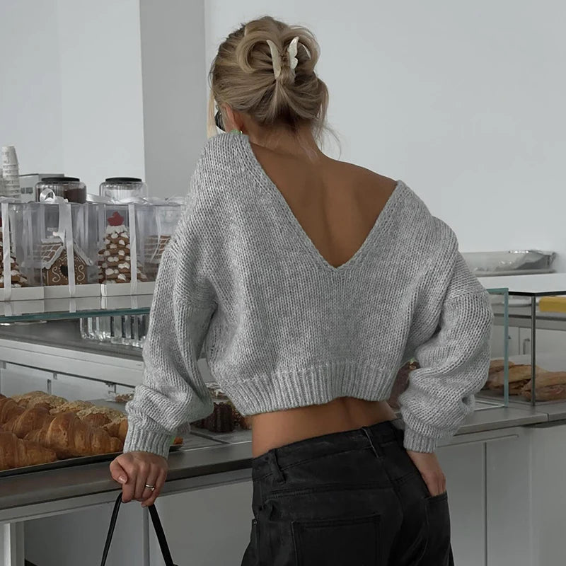 Rockmore Backless V-neck Sweater Streetwear Women Loose Pullover Elegant Casual Long Sleeve Crop Tops Korean Autumn Clothes