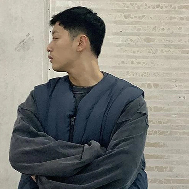 Linear Split Silhouette Autumn Winter Tops for Men Warm Loose High Street Padded Waistcoat Deconstructed Vibe Nylon Zipper Vest