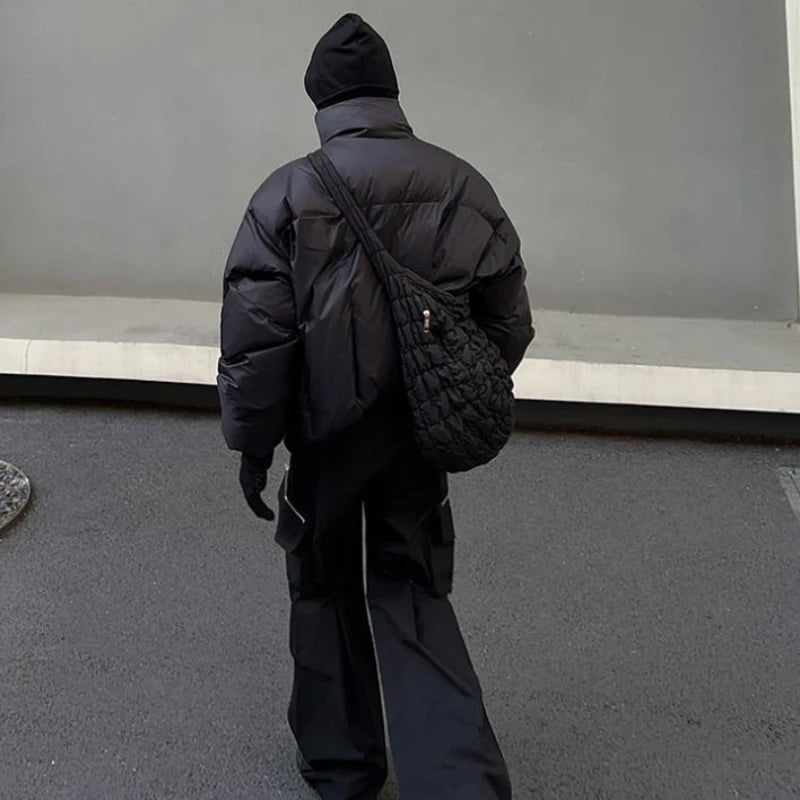 Black Stand Collar Cotton Jacket Mens Heavy Weight Winter Trend High Street Short Parkas Thickening Warm Fluffy Bread Coats