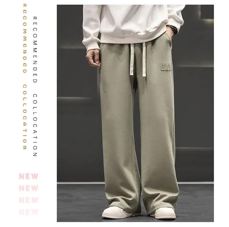 Autumn New Men Knitted Sports Pant Steel Stamp Printing Wide Leg Casual Trousers Straight Solid Lightweight Cotton Fabric Unisex