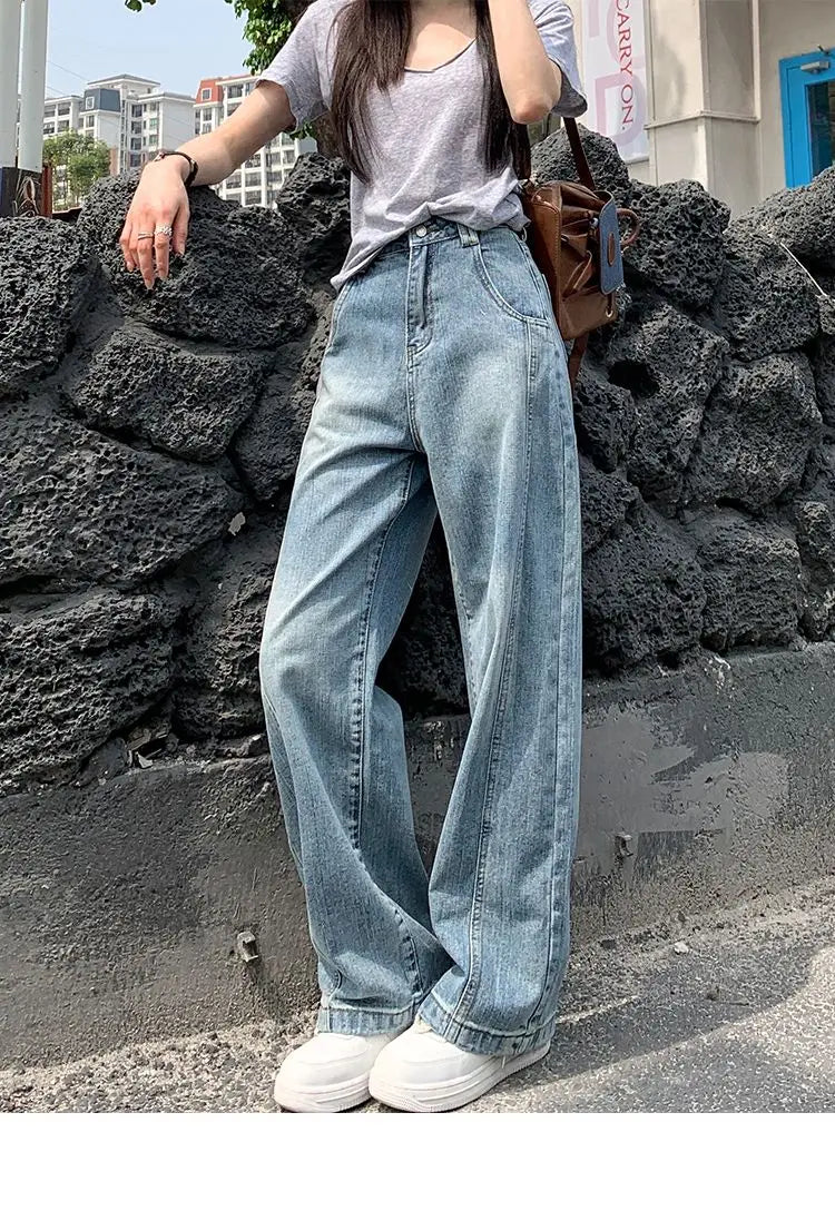Vintage Baggy Jeans Womens' Loose-Fit Denim Pants Lightweight Bell Bottom Jean Retro Ladies' Denim Trousers Pockets Wide Pants