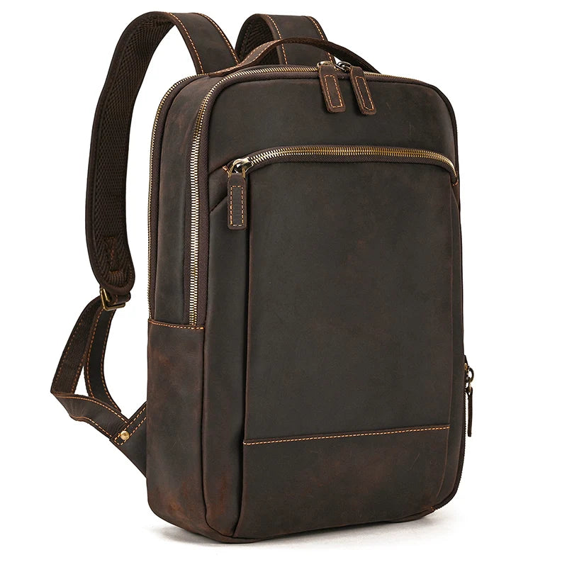 Vintage Travel Backpack leather double zipper bagpack male crazy horse leather backpack handmade leather travel bag men bag