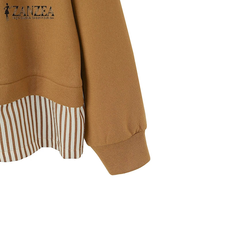 ZANZEA Women Long Sleeve Hoodies 2024 Autumn Fake Two Piece O-Neck Sweatshirt Fashion Loose Stripes Splicing Front Slit Pullover
