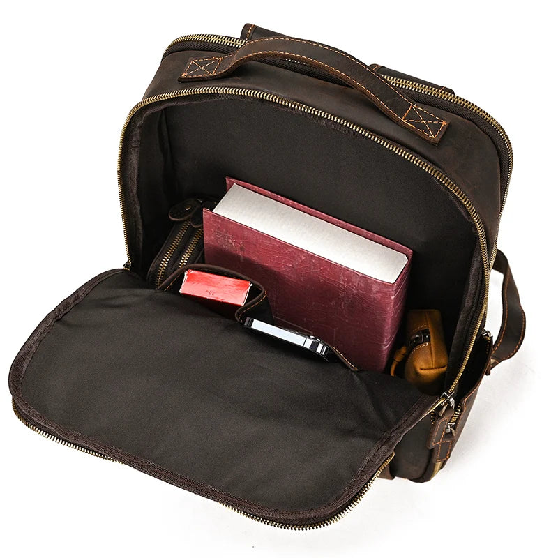 Vintage Travel Backpack leather double zipper bagpack male crazy horse leather backpack handmade leather travel bag men bag