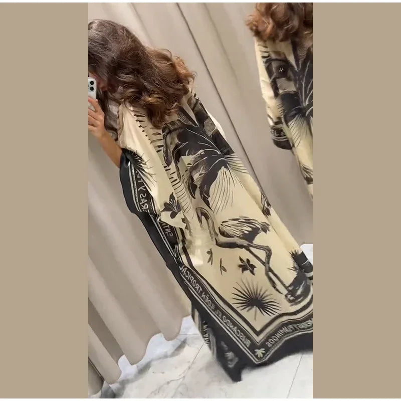 Fashion Print Pleated Long Dresses Women Party O-neck Full Sleeve Female Holiday Dresses 2025 Summer Lady Elegant  Robes