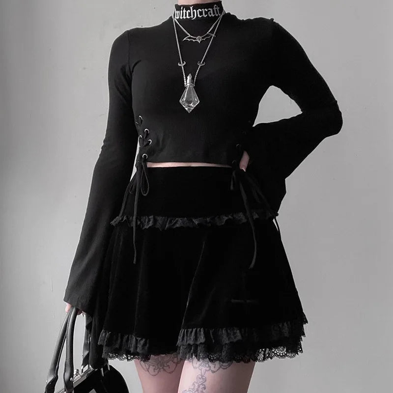 Goth Dark Mall Gothic Aesthetic Velvet Pleated Mini Skirts Women Vintage Harajuku Emo Alt Clothes High Waist Lace Ruffles Skirt