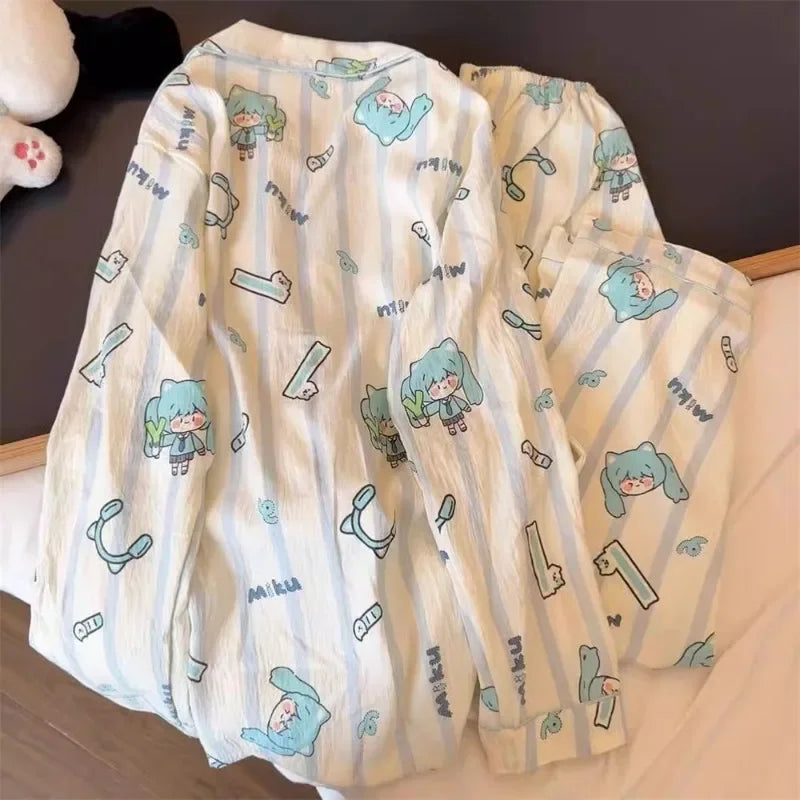 Hatsune Miku Cartoon Anime Thin Cotton Pajamas Two-piece Set Cute Spring and Autumn Student Home Wear Long-sleeved Trousers