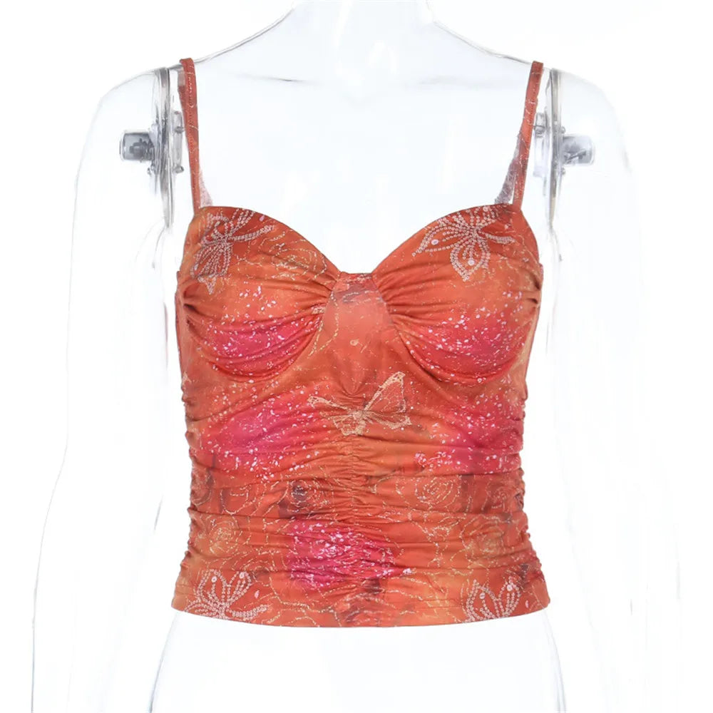 Summer Backless Spaghetti Strap Print Women Crop Top Sexy Bustier Sleeveless Casual Holiday Beach Party Short Skinny Bottom Top