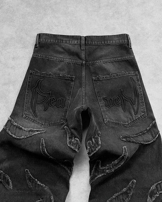 90s Streetwear Retro Hip Op Flame Embroidery Loose High Waisted Men Jeans Female Y2K New Harajuku Gothic Wide Leg Pants
