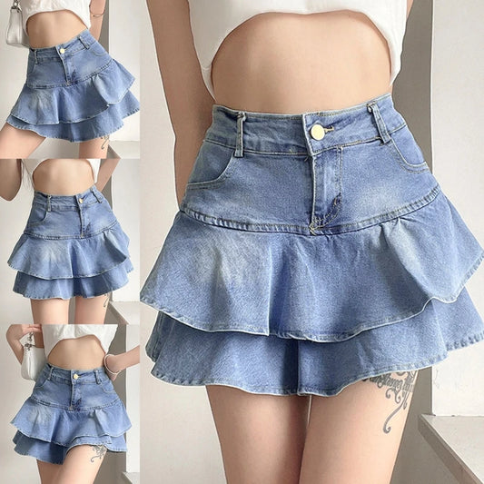 Women Summer High Waist A-Line Mini Cake Jeans Skirt Vintage Washed Pleated Ruffles Layered Tiered Casual Slim Denim Streetwear