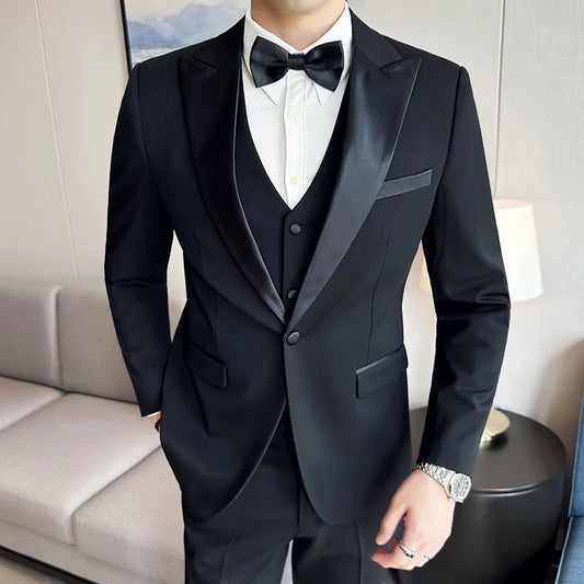 ( Jacket + Vest + Pants ) High-end Brand Boutique Fashion Men's Casual Business Black Smoking Suit Groom Wedding Dress Tuxedo