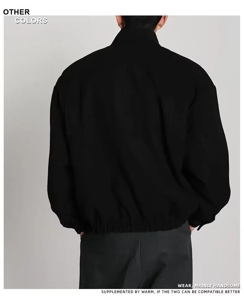 Autumn Winter Men's Fashion Stand Collar Jacket Woolen Coat British Style Baseball Design Workwear Thin Model Summer Suitable
