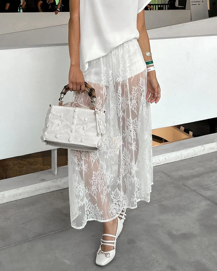 Talenza Lace See-through Skirt Women's White Floral High Waist Patchwork Skirt Lady Summer Sexy Party Elegant A-Line Long Skirt