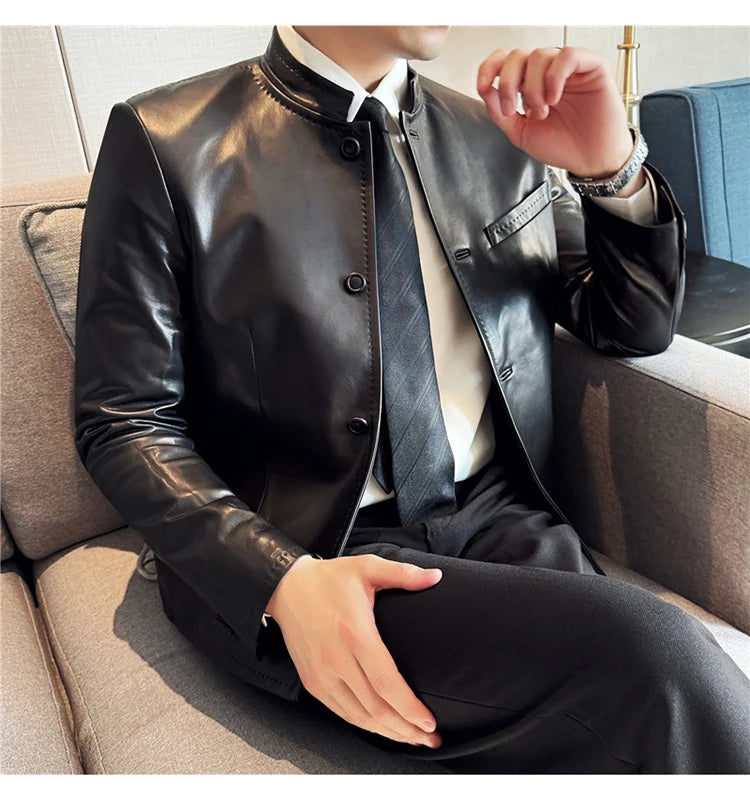 Autumn  Chinese Style Stand Up Collar Leather Jacket Men's Motorcycle Jackets High-end Casual Business Short PU Leather Coats