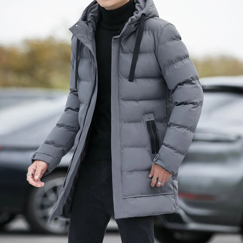 Men Warm Long Puffer Jacket Thicken Quilted Mid-length Hooded Coat Winter Casual Puffer Jacket Outwear Overcoat Coat Parka
